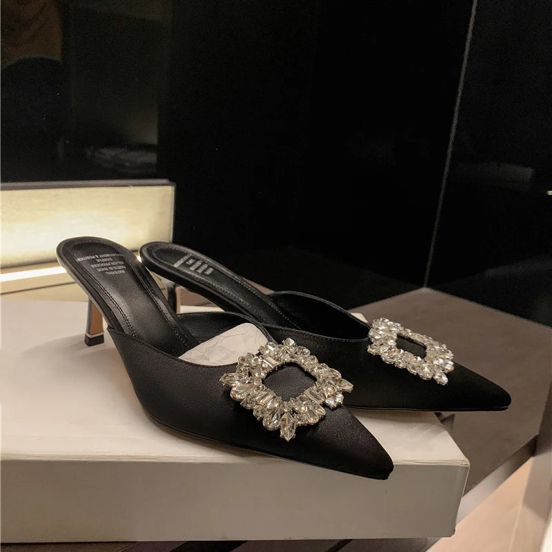 Drestrive 2022 Fashion Mules Crystal Knot Pointed Toe Women's Pumps Thin High Heel Summer Shoes Purple Dress Satin