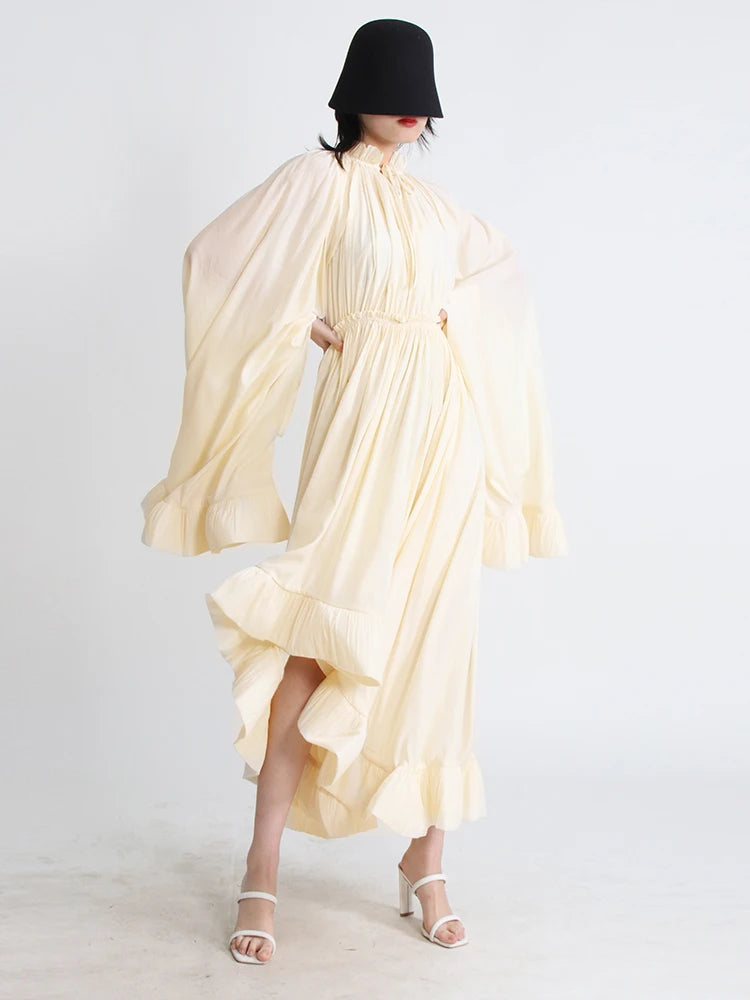 TWOTWINSTYLE Minimalist Dresses For Women V Neck Cloak Sleeve High Waist Ruffles Irregular Summer Dress Female Fashion Clothing