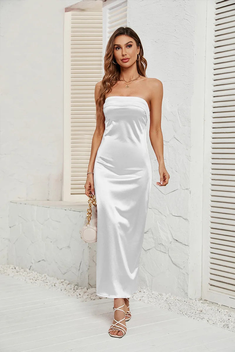 2025 New Fashion Women Sexy Dress Solid Color Wrapp Chest Elastic Backless Satin Dresses Casual Summer Bodycon Dress Party Dress