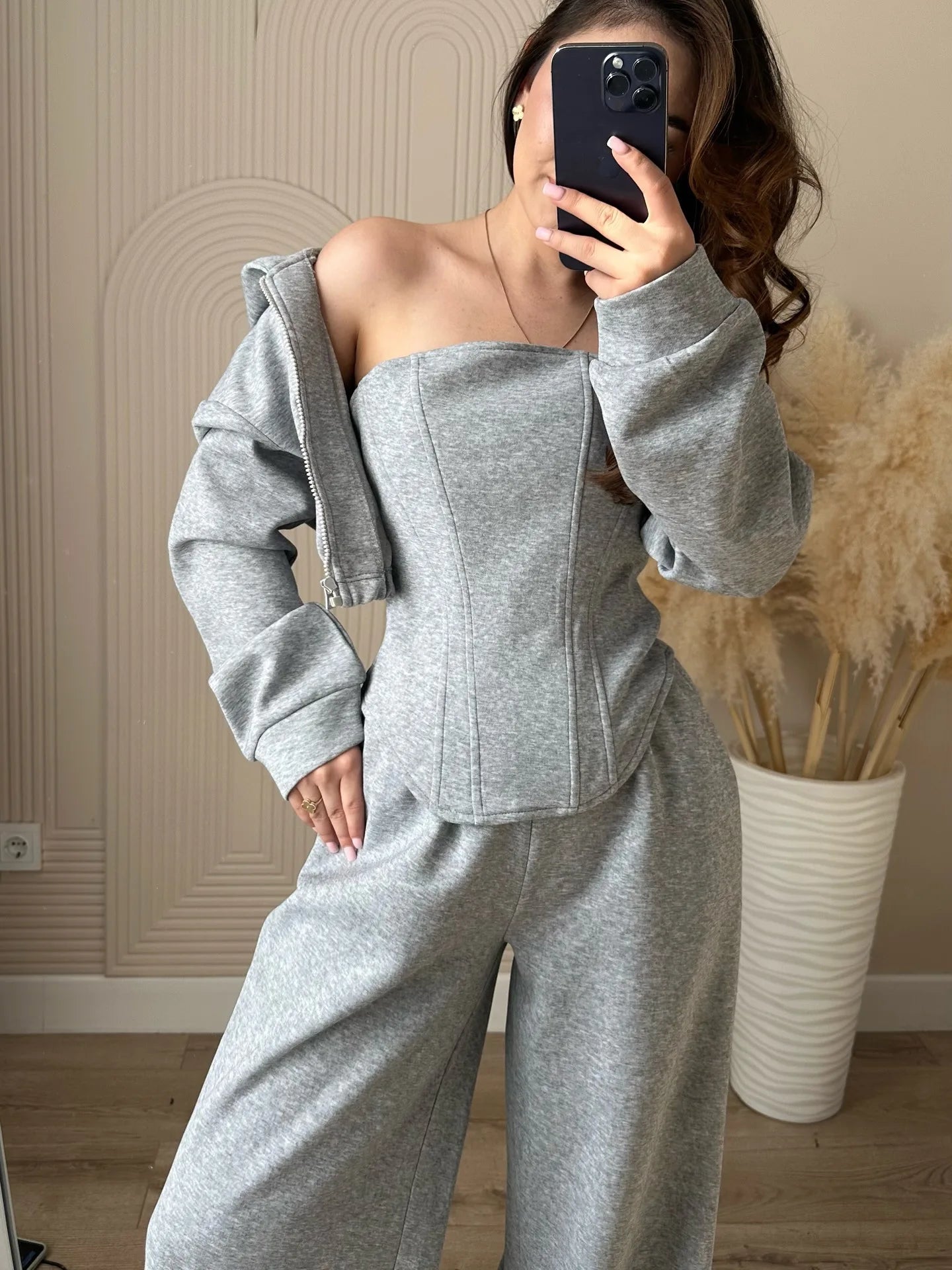 Women's clothing 2025 autumn new fashion hooded sweatshirt jacket vest wide leg pants three piece set