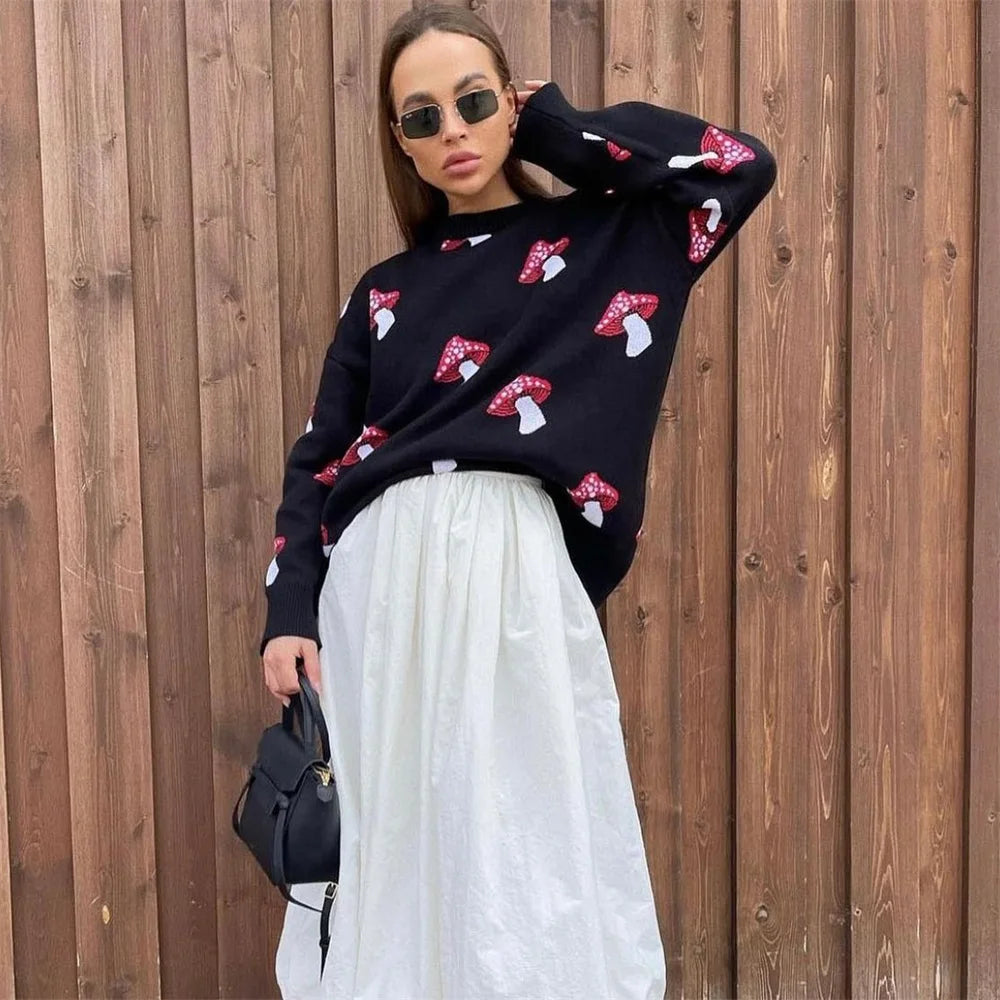 Women's Clothing Trend 2024 New Fashion Mushroom Graphic Print Sweater Long Sleeve Plus Size Tops Loose Casual Street Pullovers