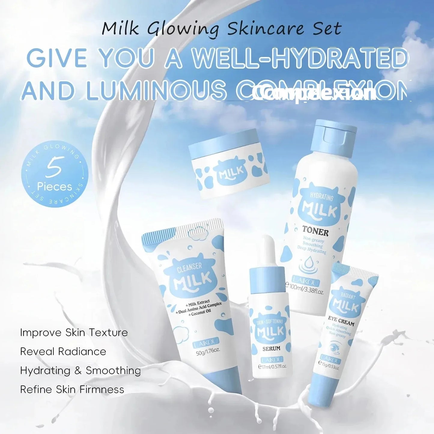 Milk Brightening 5-Piece Skincare Set - Hydrating & Brightening Includes Cleanser Toner Serum Eye Cream Moisturizer