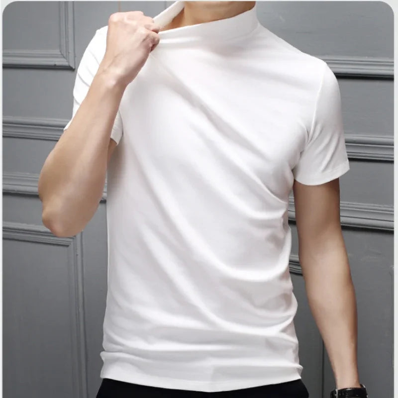Mens Fashion T-shirt Mock Turtleneck Solid Knit Pullover Sweater Short Sleeve Casual Solid Color Dating Slim Fit Tops Undershirt