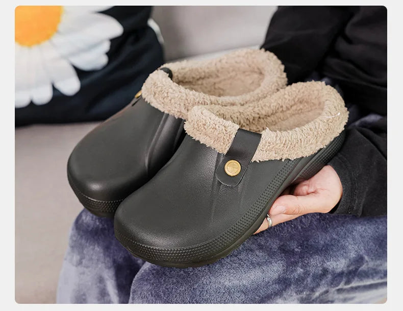 Waterproof Mule Clogs Men Slippers Winter Warm Unisex Fur Slippers House Room Slippers Trend Indoor Floor Shoes Slides For Women