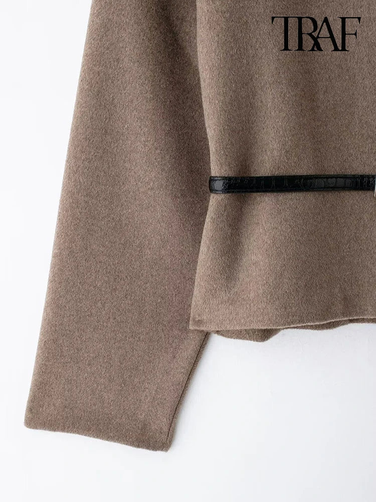 Women's Fashion 2024 fall and winter new elegant high street with belt loose V-neck solid color long-sleeved warm jacket