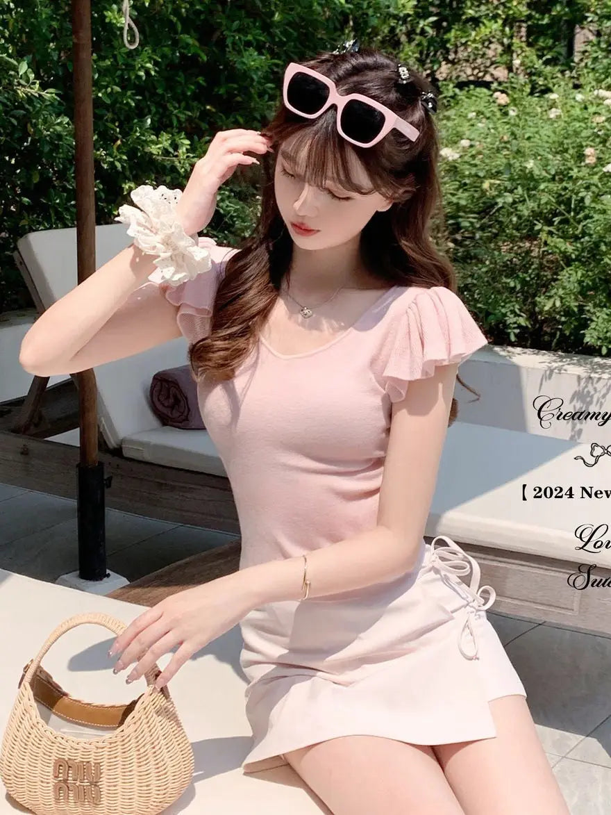 Women Clothes Summer Casual Fashion Simplicity Solid Color V-neck Tops Women's Trend All-match Sweet Temperament Slim T-Shirt SwiftNest