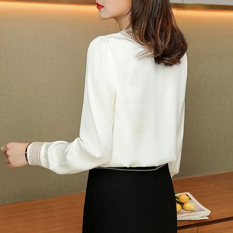 2025 Fashion Woman Blouse Stylish Autumn Office Lady Elegant Tops Korean Lace Long Sleeve V Neck Blusas White Shirts 13366