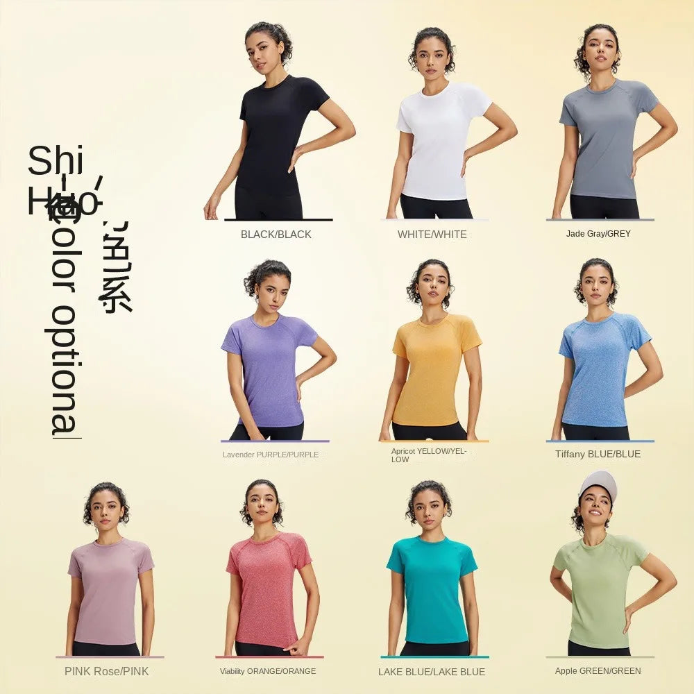 Outdoor yoga T-shirt, quick drying solid color sportswear, casual running, quick drying fitness training, short sleeved women