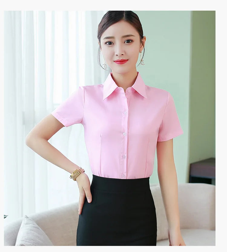 Fashion White Shirts Woman 2025 Autumn Short Sleeve Blouse Solid Ladies Tops OL Female Clothing  Basic Work Shirt Women's Blouse SwiftNest