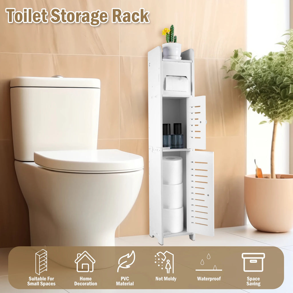 خزانة تخزين الحمام ذات الثلاث طبقات، منظم خزانة أرضية مع باب، حامل لفائف ورق التواليت قائم بذاته، خزانة تخزين مرحاض ضيقة