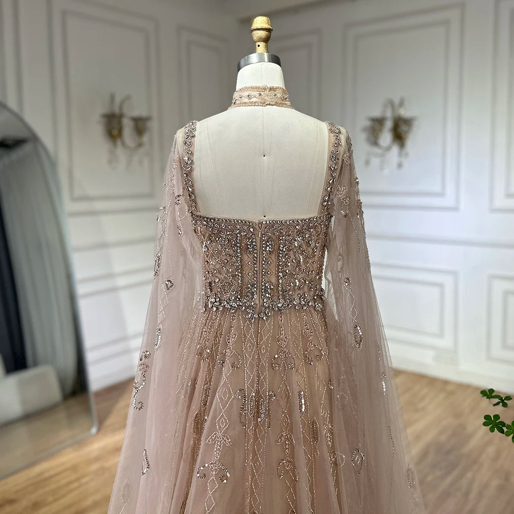 Serene Hill 2025 Arabic Nude A Line Cape Sleeve Crystal Beaded Luxury Evening Dresses Gowns Formal Occasion Customize BLA72764