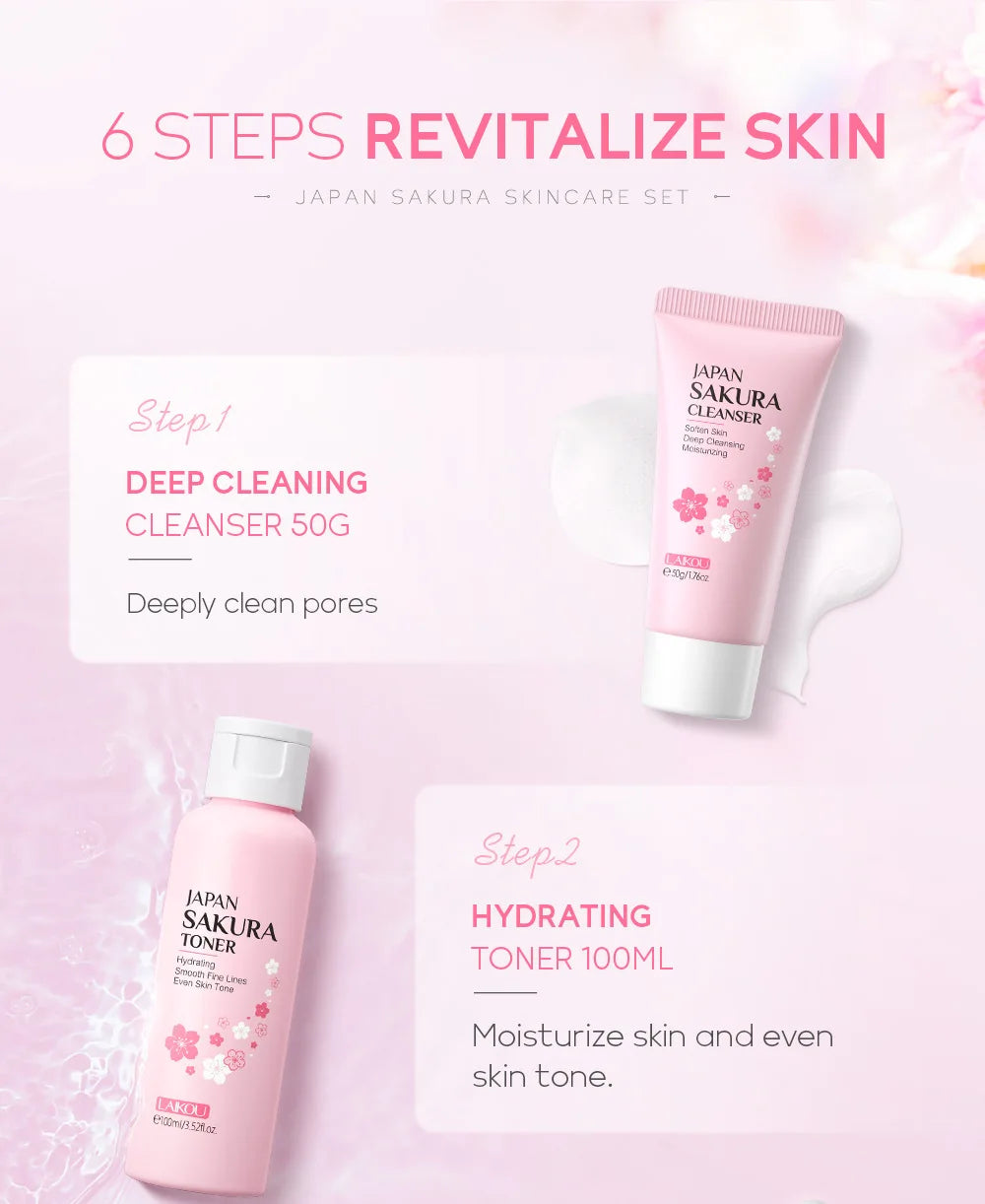 Laikou 6pcs/set Sakura Skin Care Sets Facial Cleanser Moisturizing Eye Creams Face Cream Serum Lotion Skin Care Kit