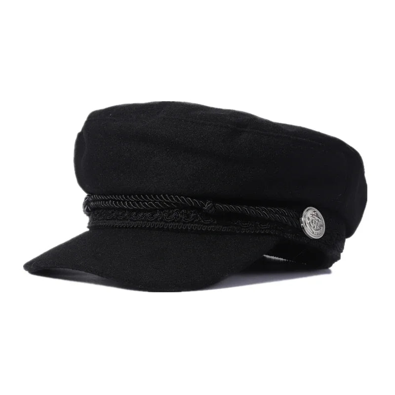 قبعة بحار سوداء أنيقة للنساء والرجال لفصل الربيع والخريف، قبعة كابتن للسفر، قبعة مثمنة الشكل