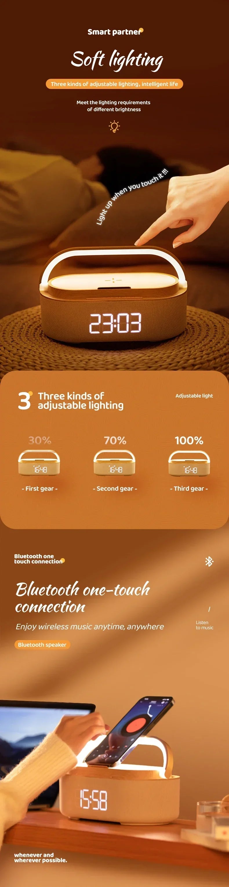 مكبر صوت بلوتوث 2500 مللي أمبير في الساعة يدعم الشحن اللاسلكي 15 وات وشاشة ساعة رقمية وساعة منبه بإضاءة ليلية وستيريو بلوتوث