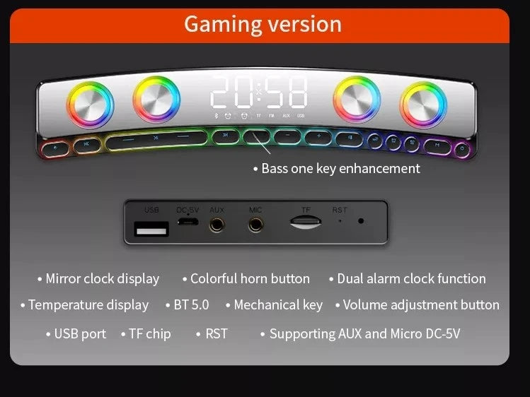 مكبرات صوت بلوتوث عالية الجودة، شريط صوت RGB ثلاثي الأبعاد، ستيريو محيطي، مضخم صوت، AUX، راديو FM، ساعة منزلية، كمبيوتر، مركز موسيقى، جديد وجذاب