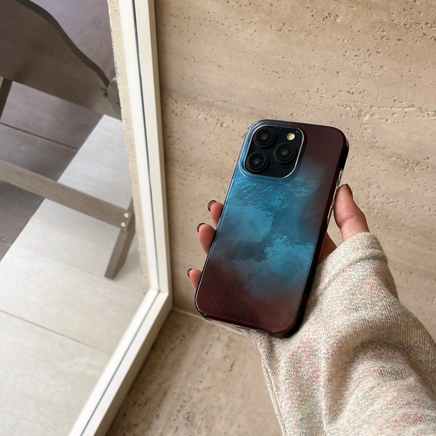 جراب هاتف كوري أنيق مزدوج الطبقات باللون الأزرق والبني المتدرج من INS لهاتف iPhone 16 15 14 13 Pro Max غطاء خلفي للهاتف