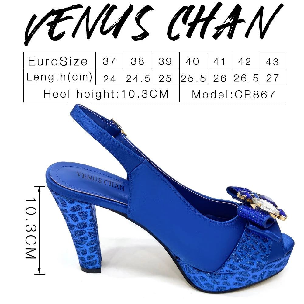 Venus Chan Nigerian Women Heel Party Shoes and Bag Set Royal Blue Colour Rhinestone Handbag Italian Design Wedding INS 2024