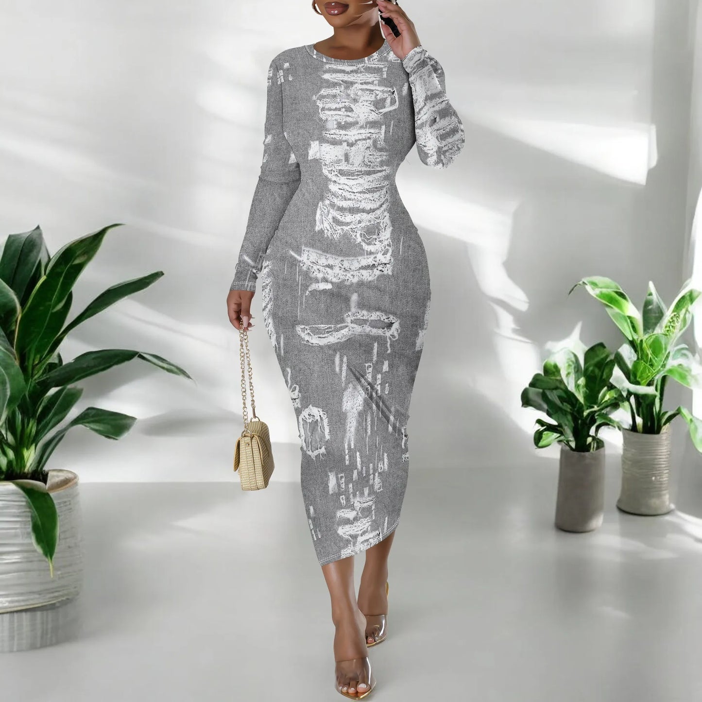 European and American women's fashion temperament casual print slim black dress