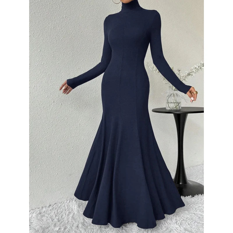 Women's Fashion Mature Style Dress Autumn Winter New High Neck Elegant Slim Fit Long Dress