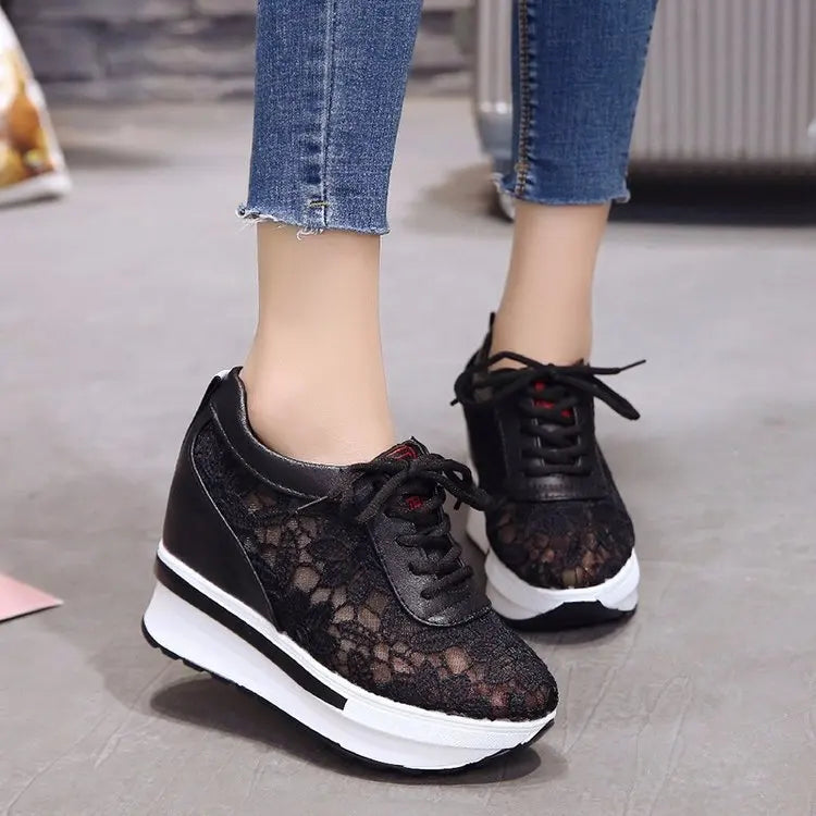 Womens Wedge Heel Block Heel Sandals Mesh Surface Women Shoes Breathable Casual Shoes Lace Up Tenis Thick Sole Sneakers