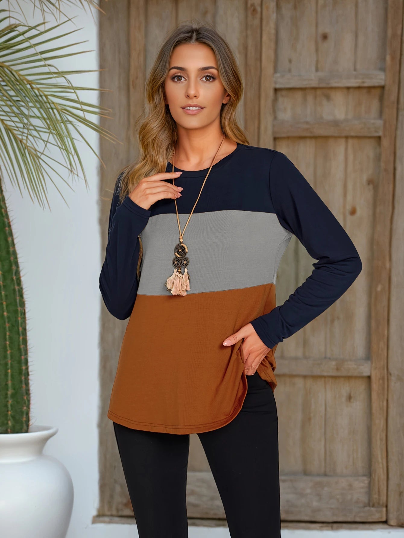 Women's Autumn/Winter Fashion Colorblock Slit Hem Long Sleeve T-shirt SwiftNest