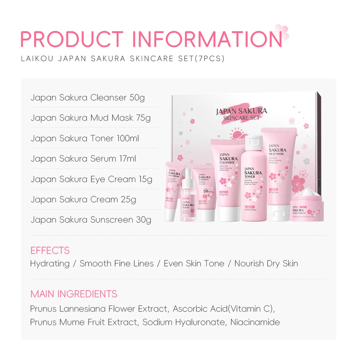 Sakura Skin Care Kit Hydrating Moisturizing Skin Care with Cleansing Pore Treatment and Sunscreen  Cosmetic  Skincare Korean