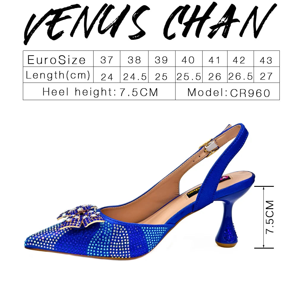 Venus Chan Green Color Pointed-Toe High Women Heels Shoes and Bags for Women Rhinestone Evening Party Elegant Luxury Handbag