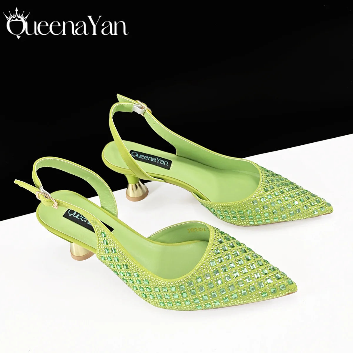 Queena Yan Italian Design Rhinestone Luxury Green Colour Pointed Toe Shoe & Bag Set Women's High Heels for Parties High Quality