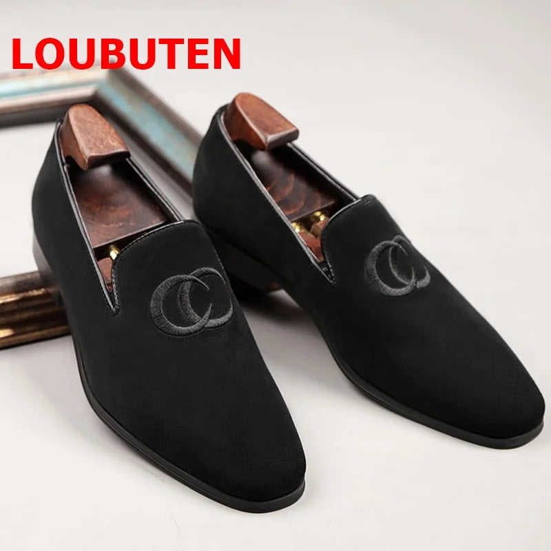 LOUBUTEN Men Suede Leather Shoes Fashion Embroidery Loafer Man Casual Shoes Handmade Dress Shoes Slippers Party Shoes