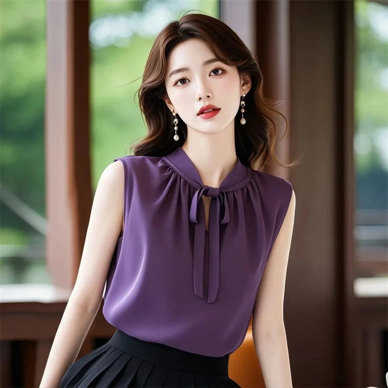 French Women Fashion Chiffon Blousees Vest Summer Ladies Bow Blouse Waistcoat High-grade Female Solid Color Sleeveless Shirts