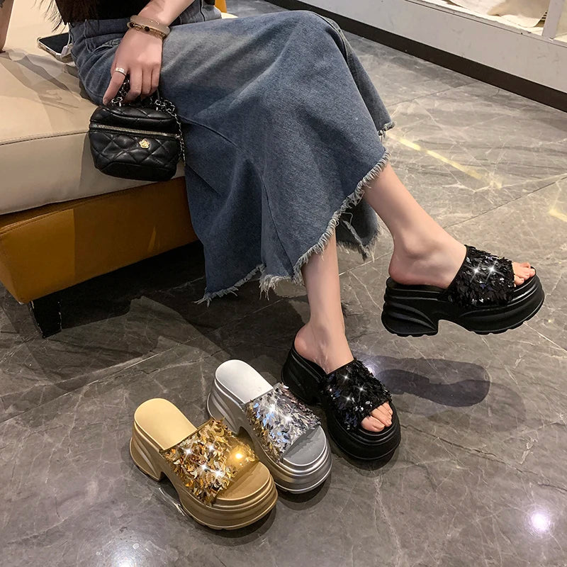 Aphixta Platform Sequined Cloth Sandals Slippers Women 8CM High Wedge Slides Women Shoes Gold Beach Slides Shoes