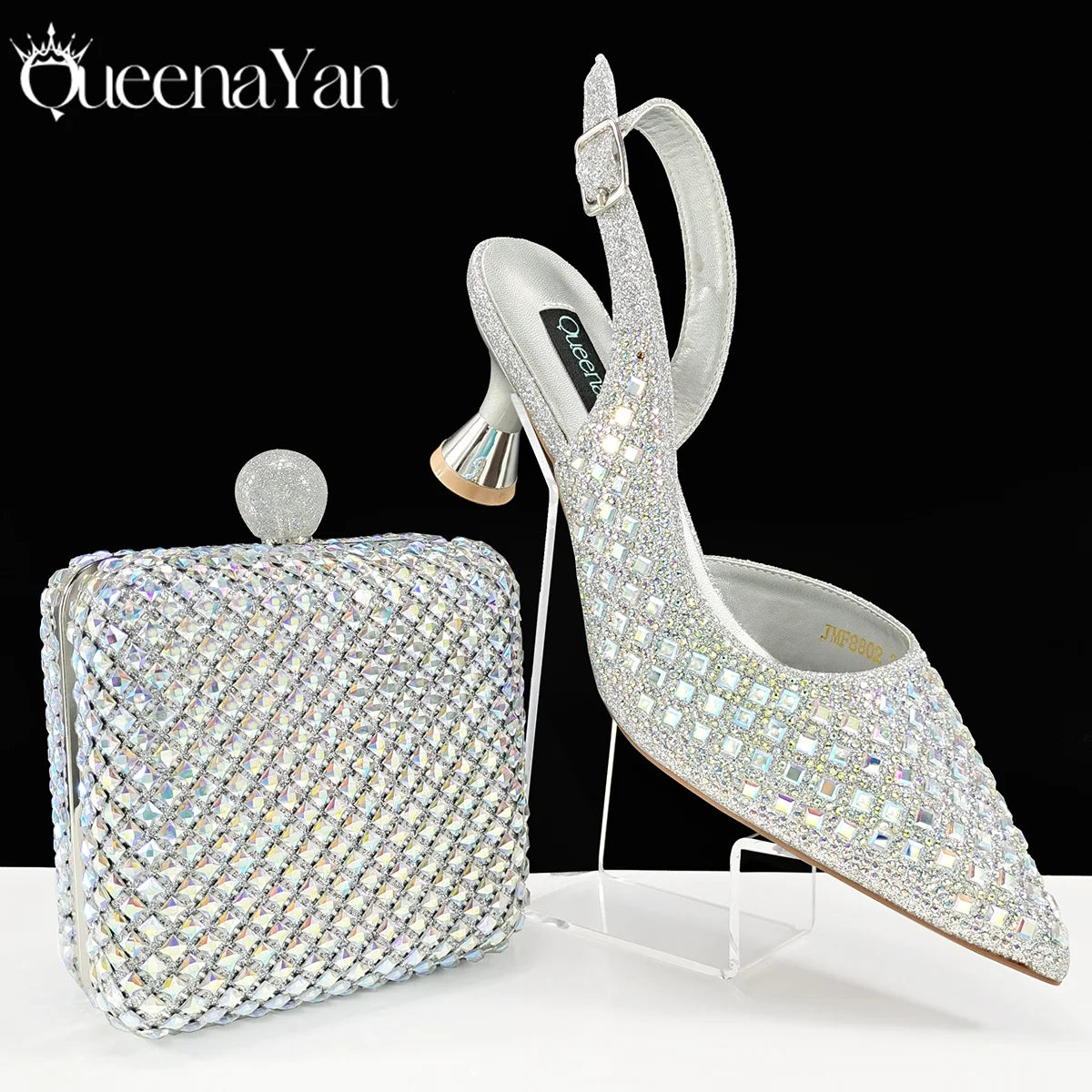 Queena Yan Italian Design Rhinestone Luxury Green Colour Pointed Toe Shoe & Bag Set Women's High Heels for Parties High Quality