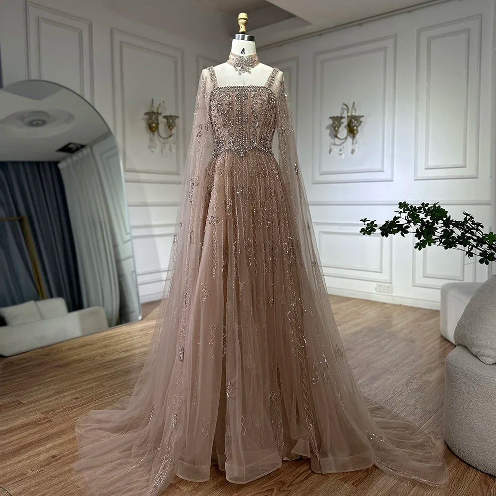 Serene Hill 2025 Arabic Nude A Line Cape Sleeve Crystal Beaded Luxury Evening Dresses Gowns Formal Occasion Customize BLA72764