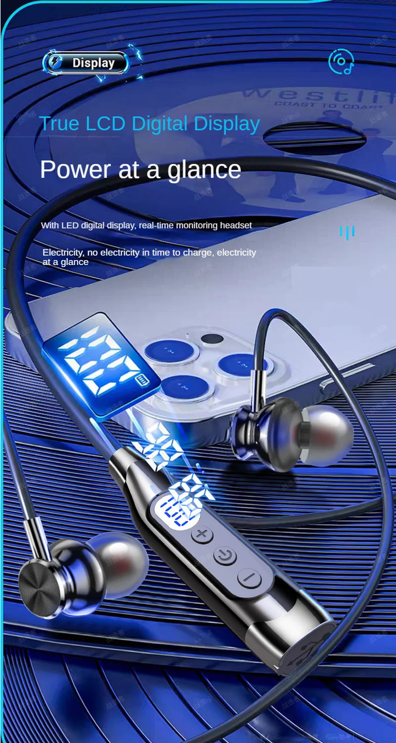 Bluetooth Headset Wireless Headphone LED Digital Display Neck-hanging Headphone Be Inserted Card Bluetooth Earbuds Sport Running