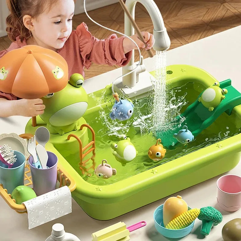 Kids Kitchen Sink Toy w/Electric Dishwasher&Running Water Pretend Play Food Fishing Game for 3+Year Old Girls Boys Birthday Gift