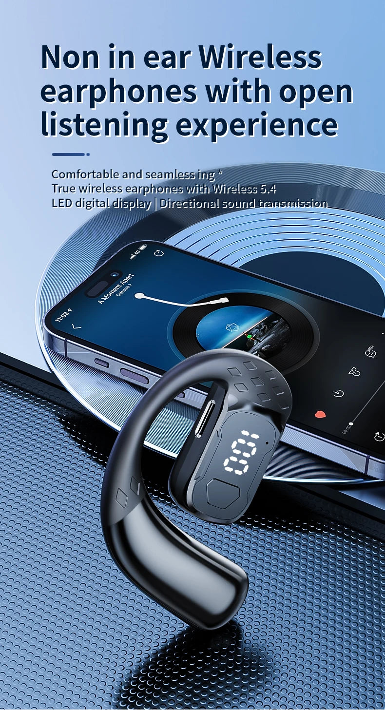 سماعة رأس لاسلكية بتقنية البلوتوث 5.4 مفتوحة بزاوية 180 درجة مع شاشة عرض LED للبطارية على كلا الأذنين وميكروفون وسماعة أذن