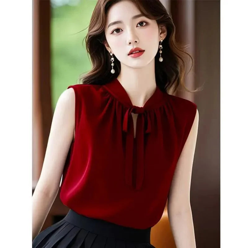 French Women Fashion Chiffon Blousees Vest Summer Ladies Bow Blouse Waistcoat High-grade Female Solid Color Sleeveless Shirts