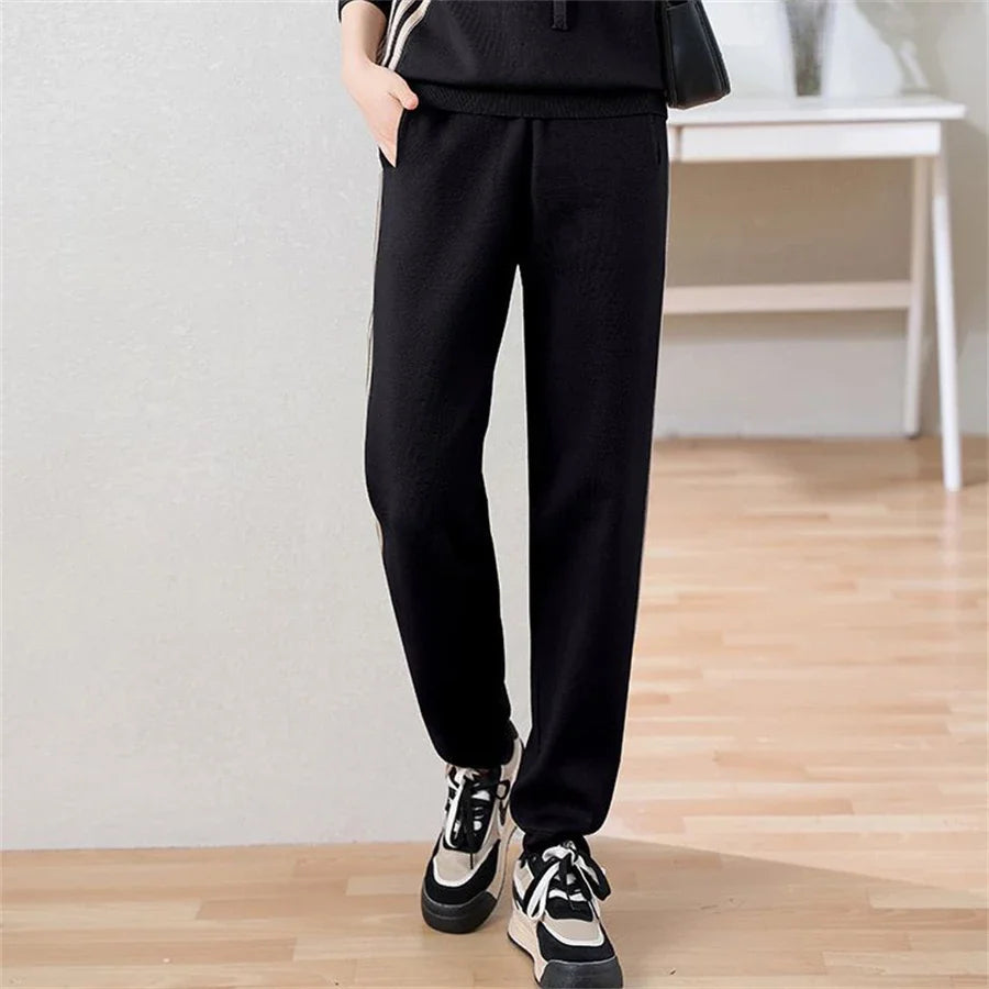 Fashion Autumn Women 2 Pieces Sets Casual Hooded Patchwork Loose Knitted Sweater Sports Harlan Pants Suits Winter Sportswear SwiftNest