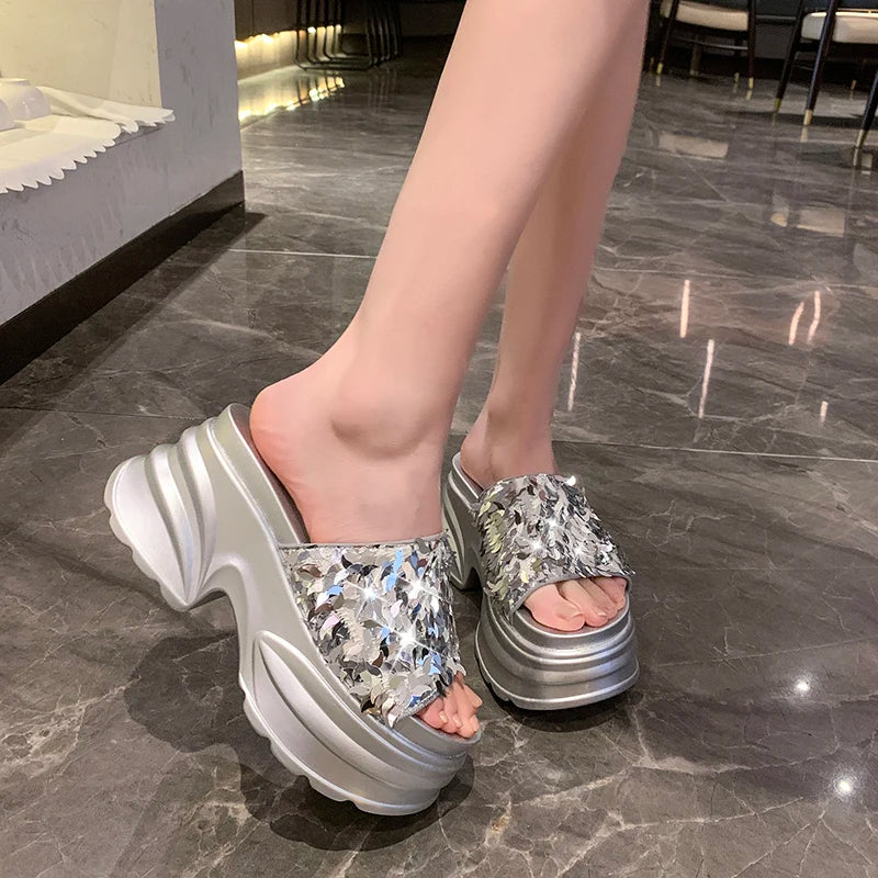Aphixta Platform Sequined Cloth Sandals Slippers Women 8CM High Wedge Slides Women Shoes Gold Beach Slides Shoes