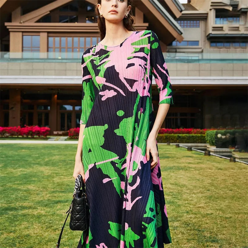 Women's Dress Womens Dresses New Pleated Fashion Temperament Loose Plus Size Dress Slim 2025 Long Skirt new Print Long Section