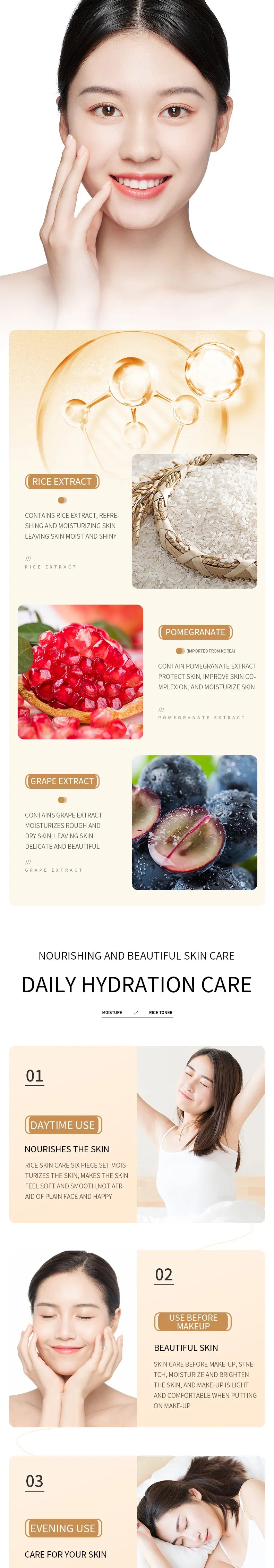 6pcs/lot BIOAQUA Rice Raw Pulp Skin Care Set Face Cream Serum Firming Moisturizing Facial Cleanser Toner Korean Face Care