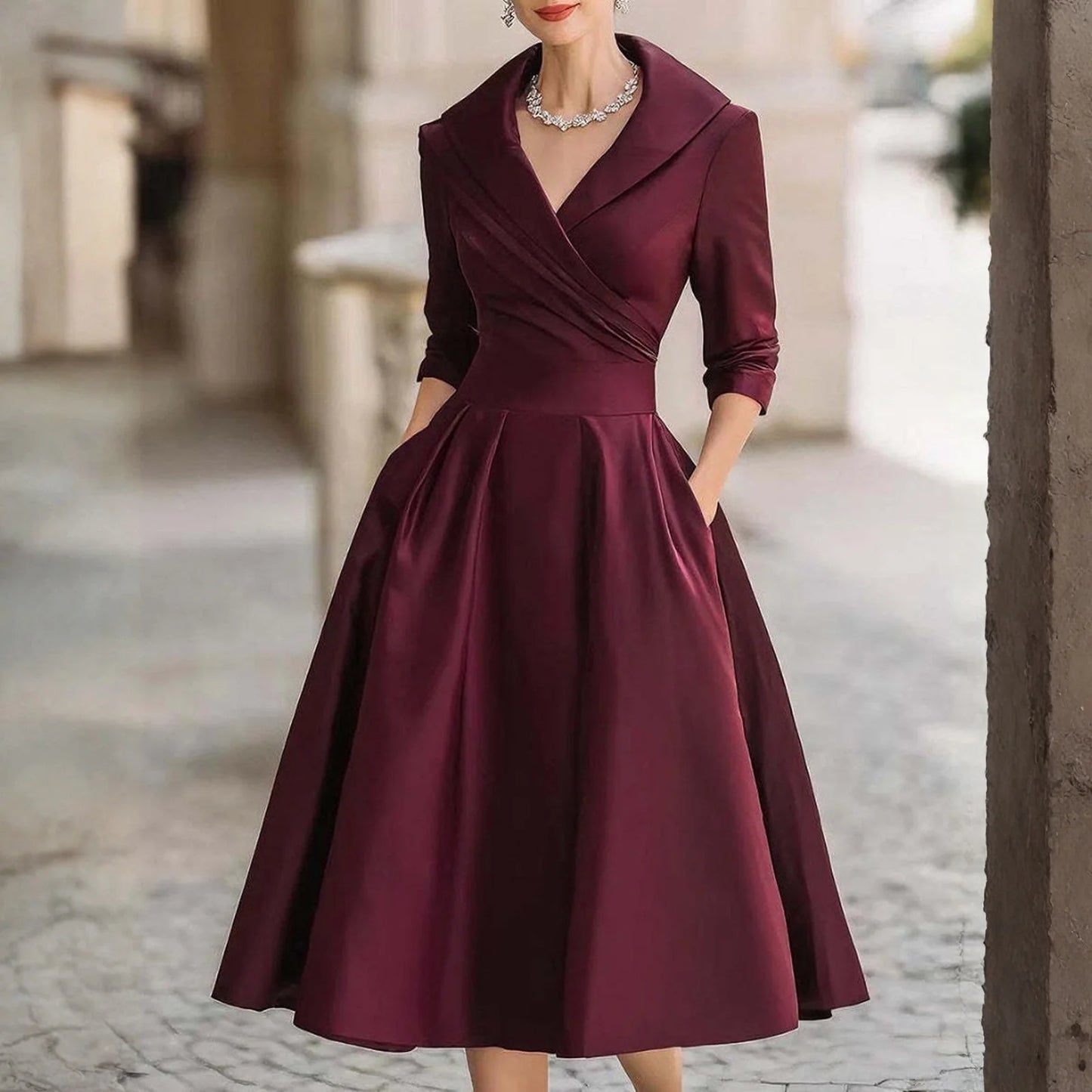 Women's Casual Fashion V-neck Retro Dress Elegant Waist Slimming Long-sleeved Party Dress Solid Color High Waist Commute Dress