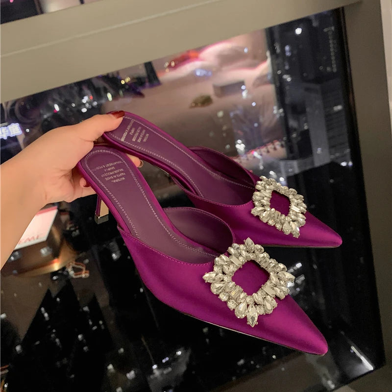 Drestrive 2022 Fashion Mules Crystal Knot Pointed Toe Women's Pumps Thin High Heel Summer Shoes Purple Dress Satin