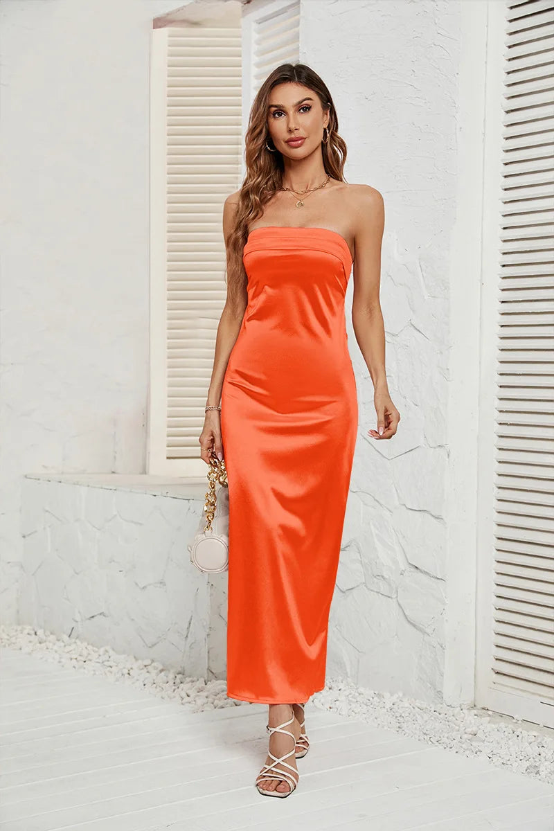 2025 New Fashion Women Sexy Dress Solid Color Wrapp Chest Elastic Backless Satin Dresses Casual Summer Bodycon Dress Party Dress