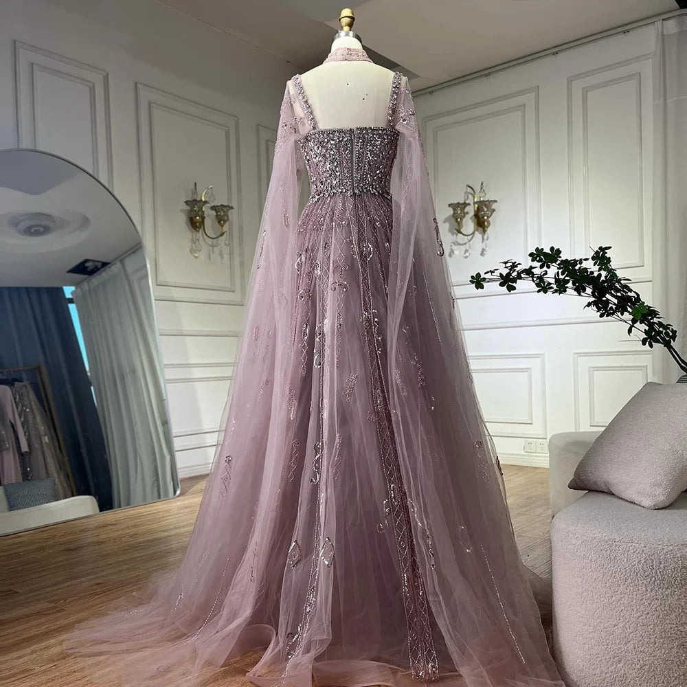 Serene Hill 2025 Arabic Nude A Line Cape Sleeve Crystal Beaded Luxury Evening Dresses Gowns Formal Occasion Customize BLA72764