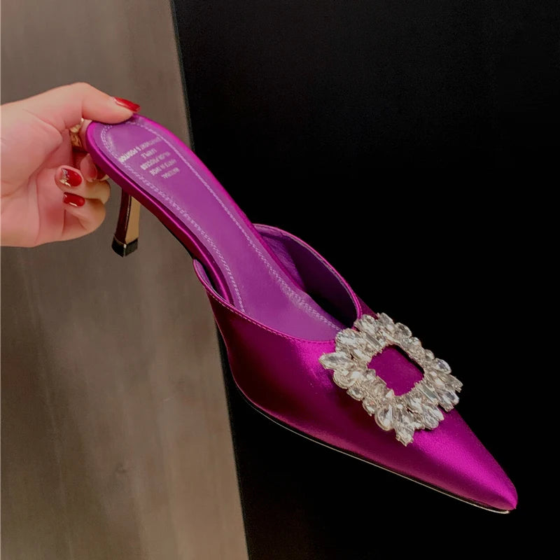 Drestrive 2022 Fashion Mules Crystal Knot Pointed Toe Women's Pumps Thin High Heel Summer Shoes Purple Dress Satin