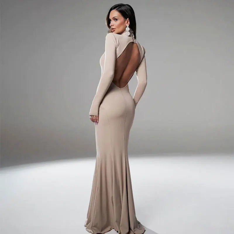 Women's Dresses Autumn Winter New Sexy Solid Backless Elegant Dress Streetwear Fashion Casual Slim Turtleneck Long Sleeves Dress