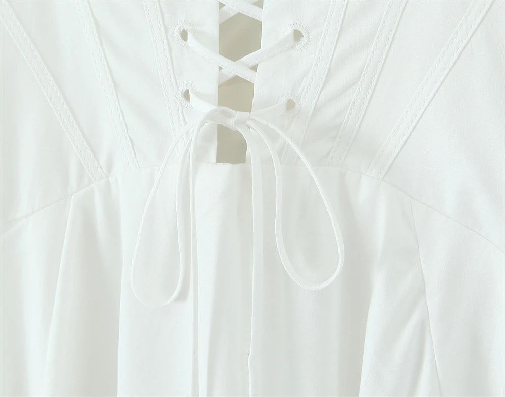 Women Dress 2025 New Fashion Summer Vintage White Lace-Panelled Cotton Dresses for Women Elegance Chic Ladies Midi Dress