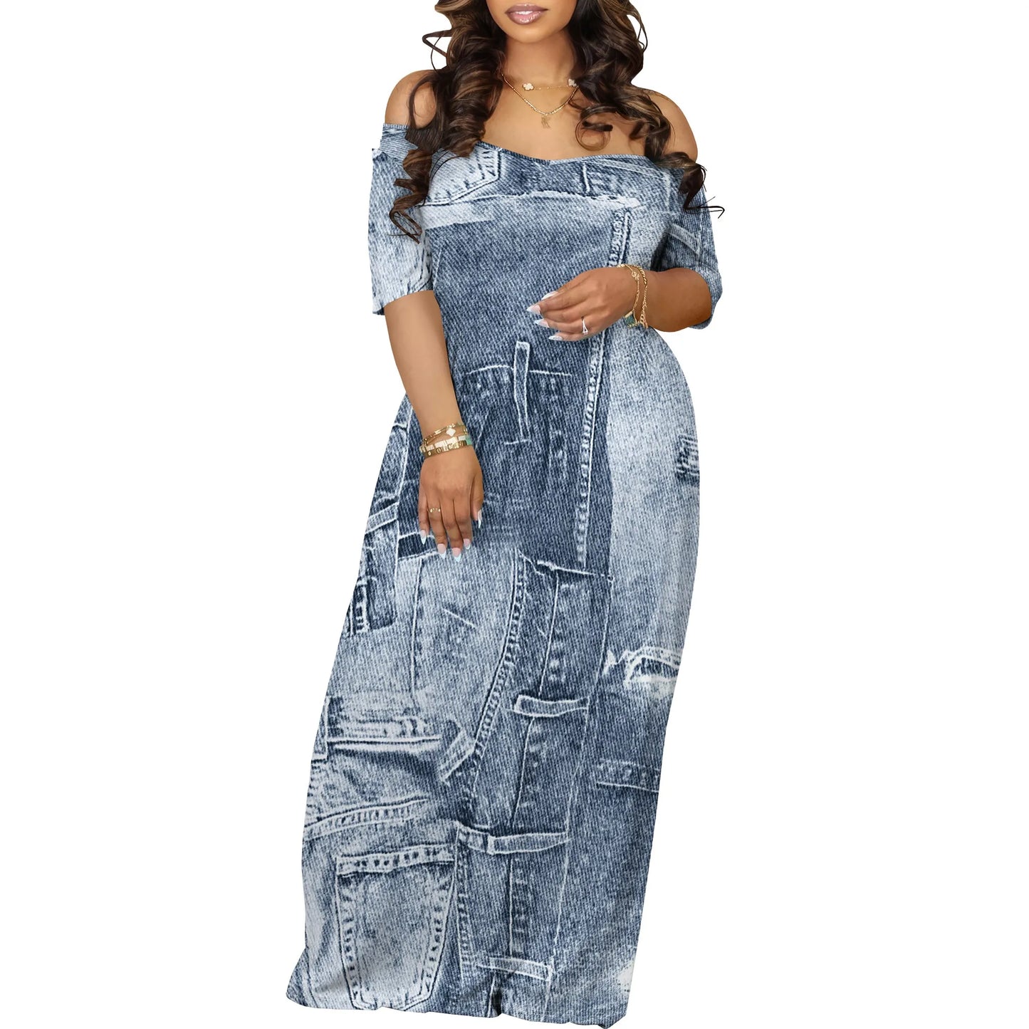 Women's Fashion  Printed Short Sleeve Long Dress Sexy Off Shoulder Backless Bodycon Split Cocktail Party Dress ﻿