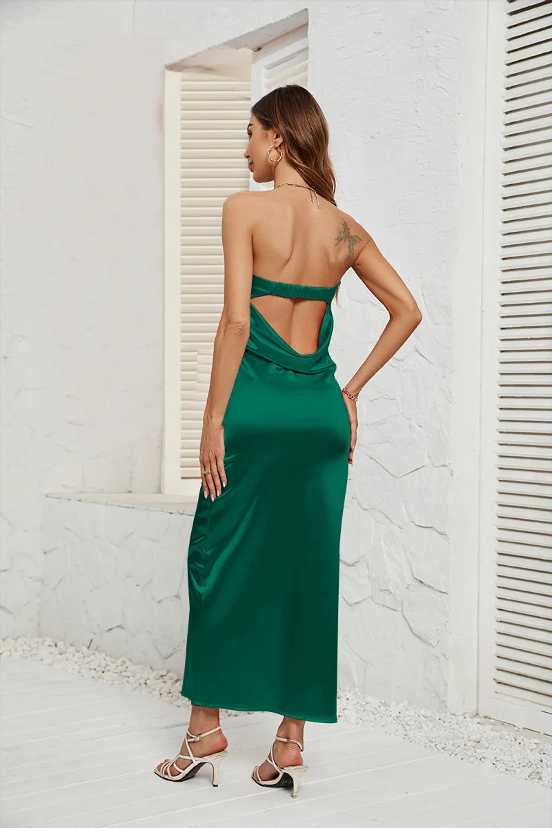 2025 New Fashion Women Sexy Dress Solid Color Wrapp Chest Elastic Backless Satin Dresses Casual Summer Bodycon Dress Party Dress